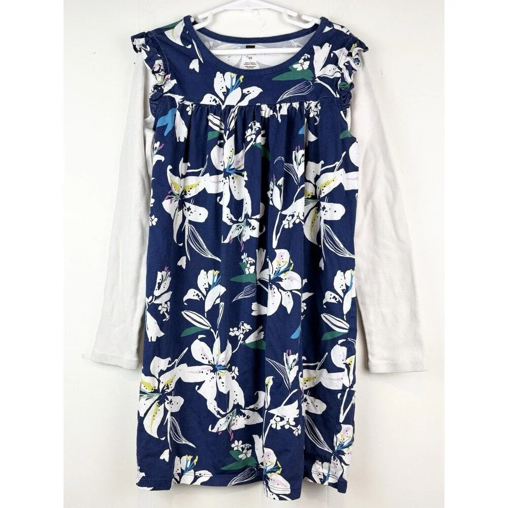 Tea Collection Dress 10 Long Sleeve Floral Navy Blue Fall Winter